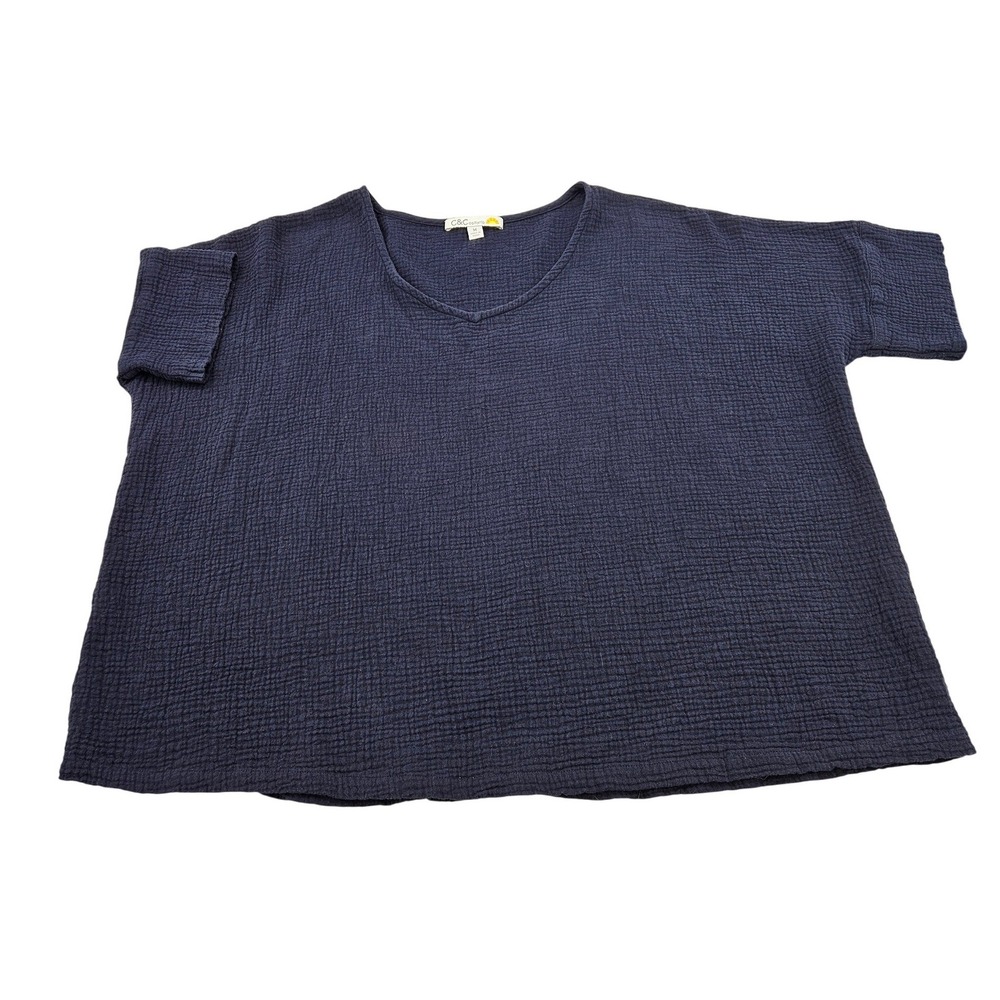 C&C California Navy Blue Double Gauze Cotton V-Neck Boxy Top Womens Medium